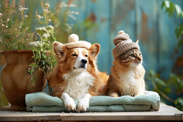 A relaxed corgi and a poised cat wearing cute hats rest comfortably outdoors, with plants in the background.