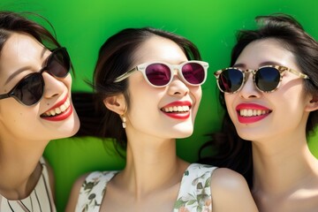 サングラスをかけた友達と笑う日本人女性（カラフル・映え・SNS・旅行・女子旅）