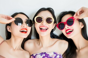 サングラスをかけた友達と笑う日本人女性（カラフル・映え・SNS・旅行・女子旅）
