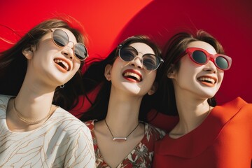 サングラスをかけた友達と笑う日本人女性（カラフル・映え・SNS・旅行・女子旅）