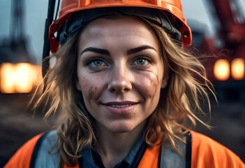 a female oil rig worker or construction worker dirty from a long days work on the oil rigs in northern Canada - obrazy, fototapety, plakaty
