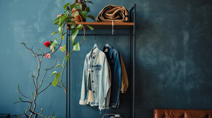 Contemporary Secondhand Wardrobe Setup with Vintage Denim and Plants, Emphasizing Eco-Conscious Living