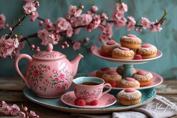 Fototapeta na wymiar Pink Tea Party Cherry Blossom Cupcakes and Tea Generative AI
