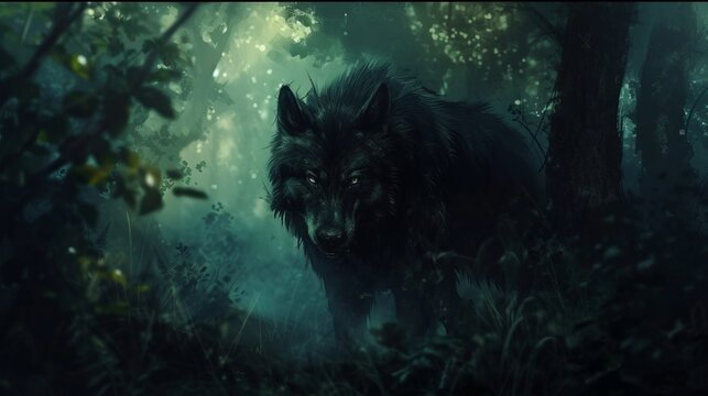 werewolf in the dark forest illustration.
