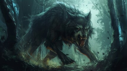 werewolf in the dark forest illustration.