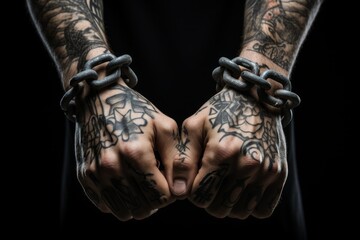 Fototapeta na wymiar Rough male hands chained with iron. Imprisoned man in struggle. Captives torment and confinement.