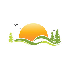 Mountain and sun nature logo design vector,editable eps 10.