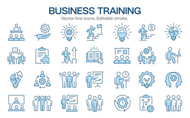 Business, training icons set. Collection of workshop, coaching, mentoring, education, meeting, teamwork and much more. Vector illustration isolated on white. Editable stroke. - 728237161