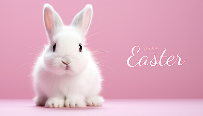 Obraz premium Little white bunny. Isolated over pink background. Happy Easter.