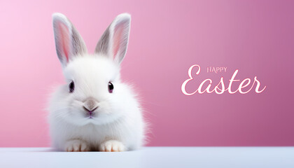 Fototapeta premium Little white bunny. Isolated over pink background. Happy Easter.