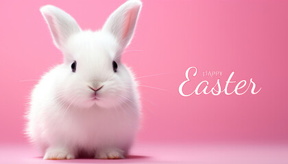 Obraz premium Little white bunny. Isolated over pink background. Happy Easter.