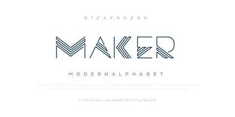 Maker font alphabet letters. Future logo typography. Creative minimalist typographic design. Cropped letters set for science technology, space research logo type, hud text, headline, scifi cover - obrazy, fototapety, plakaty