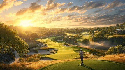 A golfer taking a shot from an elevated tee box, overlooking a beautifully designed golf course - Powered by Adobe