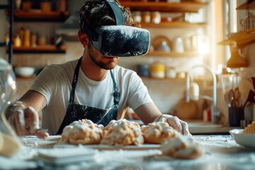 Man Chopping Vegetables with VR Headset in Modern Kitchen. - 728238566