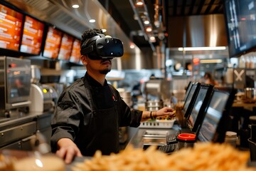 Chef in VR Headset Overseeing Fast Food Restaurant. - 728238598