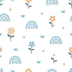 Cute flower, rainbow and butterfly pattern. Colorful spring flower collection. Vector illustration. Design for wallpaper, wrapping paper, apparel, fabric, textile, print design