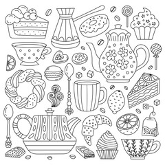 Tea, coffee and dessert elements in doodle style. Baking and sweets for your design. - 728239958