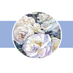 watercolor on paper, design element for greeting card with white roses in circle
