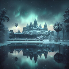 Enigmatic Aurora Over Ancient Temple Ruins at Night in a Mystical Snowy Landscape