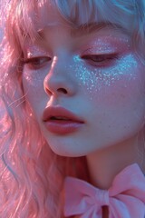 Close-up of a young woman with pink wavy hair and glittery makeup, exuding a magical and surreal vibe
