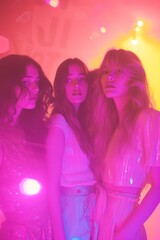 Three women captured in a dreamy atmosphere under vibrant pink and yellow neon lights