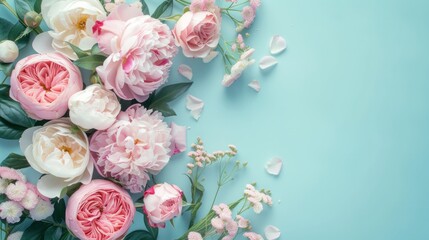 Luxurious collection of peony flowers in full bloom, artistically arranged on a serene pastel blue surface