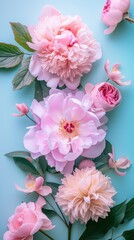 A striking vertical array of various shades of pink peonies surrounded by green leaves
