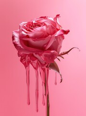 A vibrant rose wrapped in a glossy coat of pink paint droplets, contrasting with a pink background