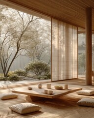 A peaceful and sunlit traditional japanese tea room with tatami mats, overlooking a serene landscaped garden