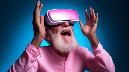 Naklejka premium Close-up of a happy retired senior man in pink VR virtual reality glasses on a blue background. Future digital technologies, esports, gaming and entertainment concepts.