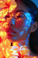 Portrait of a woman with her face illuminated by blue light and tropical leaf patterns