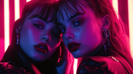 Obraz premium Dramatic dual portrait of women with striking neon lighting and compelling gaze into camera