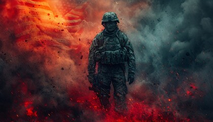 Naklejka premium Warrior in the Sky A Soldier's Journey Through the Chaos of Battle Generative AI