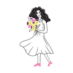 Beautiful girl in dress with long curly hair is holding bouquet of flowers in hands. Hand drawn vector sketch doodle flat cartoon illustration. Concept of holiday celebration, gift, Women's day.