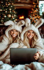 Fototapeta na wymiar Vertical poster with happy girlfriends in bunny costume, shopping online using tablet during Christmas sales, house decorated for Christmas and New Year