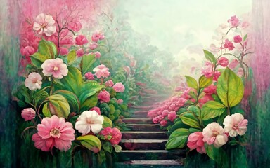 Serene garden scene on a vibrant pink floral background. Where delicate blossoms sway in the breeze, creating a symphony of colors and fragrances.