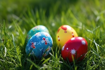 Happy Easter background, Easter eggs scene, Easter bunny ears with easter eggs, Easter poster background template with Easter eggs in the nest, Easter party concept.