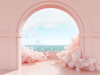 Abstract architectural space, showcase, podium with pink clouds - 3D render. Bright arches in the wall overlooking the sea - card for travel. 