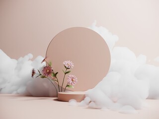 Advertising podium, showcase with arch and cartoon flowers - 3D render. Futuristic concept display in the clouds. Peach background with flying fluffy clouds for product presentation.
