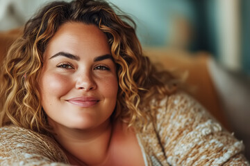 Smiling pretty plump oversized Caucasian young woman with curly hairstyle sitting on a chair indoors looking at camera - obrazy, fototapety, plakaty