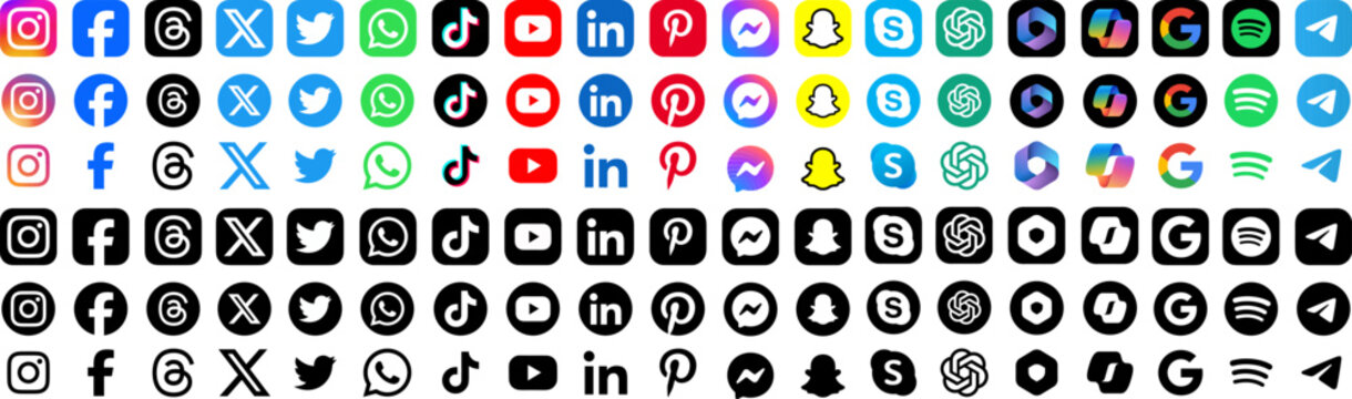Social media icons. Instagram, Facebook, Threads, X app Twitter, WhatsApp, TikTok, YouTube, LinkedIn, Snapchat, Google, Skype logo set. Vector editorial illustration