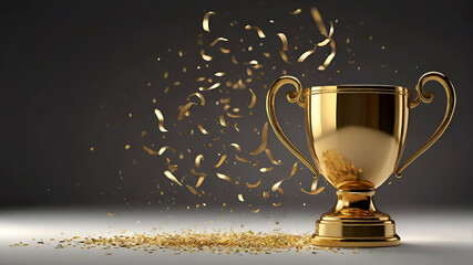 Golden trophy cup with flying confetti