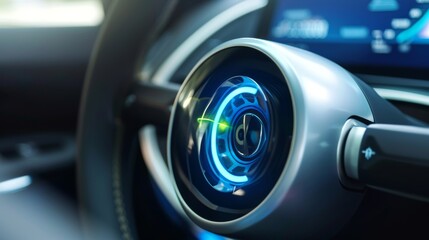 A closeup of the ecodriving mode on on a hybrid vehicle allowing the driver to optimize fuel usage and reduce emissions.