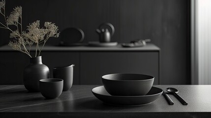 Quinoa Breakfast Bowl, Black Surface Table, minimalistic decor 