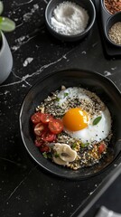 Quinoa Breakfast Bowl, Black Surface Table, minimalistic decor 