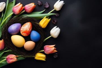 Happy Easter background, Easter eggs scene, Easter bunny ears with easter eggs, Easter poster background template with Easter eggs in the nest, Easter party concept.