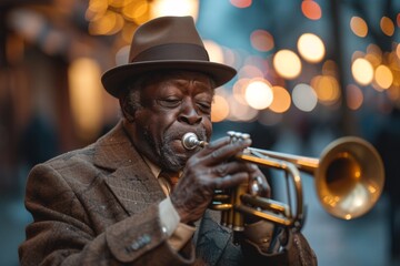 Jazzing Up the Night A Man in a Hat Plays a Brass Instrument Generative AI