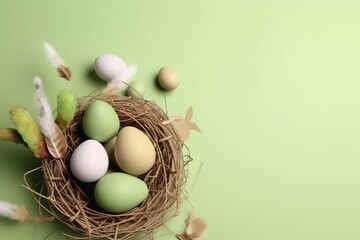 Happy Easter background, Easter eggs scene, Easter bunny ears with easter eggs, Easter poster background template with Easter eggs in the nest, Easter party concept.