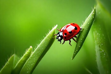 Lady bug climbing green grass