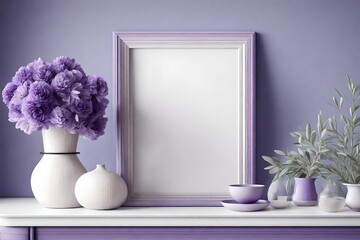 Mockup poster frame close up in coastal style interior with purple flower vase, 3d render